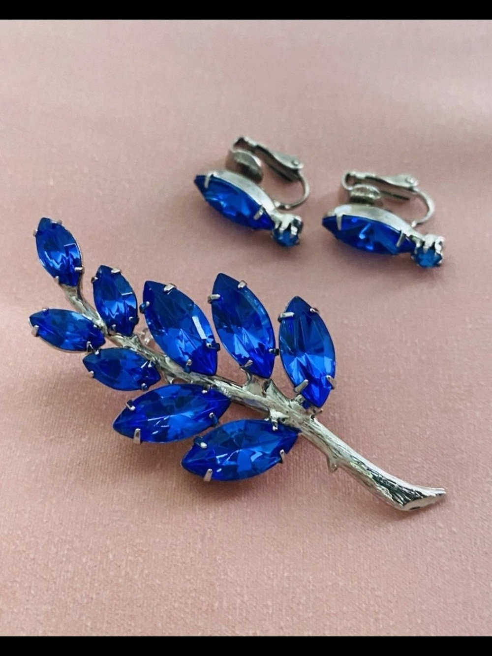 Blue Rhinestone Vintage Brooch Tree Branch Leaf Silver Tone Pin/Earrings Pendant